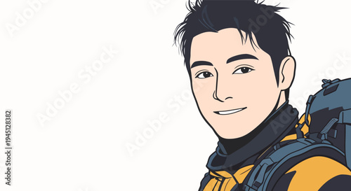 A young man is smiling while wearing a yellow jacket and backpack. He looks ready for an outdoor adventure against a plain background.