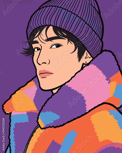 A young person is wearing a bright coat and a beanie hat. The background has a solid color. The style shows bold lines and vivid colors.