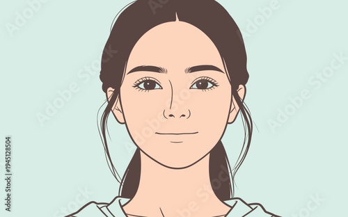 A young woman with long hair and a simple expression faces the viewer in a plain setting that is soft in color.