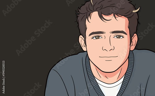 A young man looks at the viewer with a slight smile. He is wearing a gray sweater and has dark hair. The background is dark.