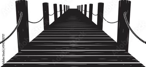 Black silhouette of a wooden dock with railings pier