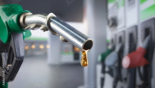 Close-Up of Green Gasoline Pump Nozzle with Fuel Droplet at Petrol Station
