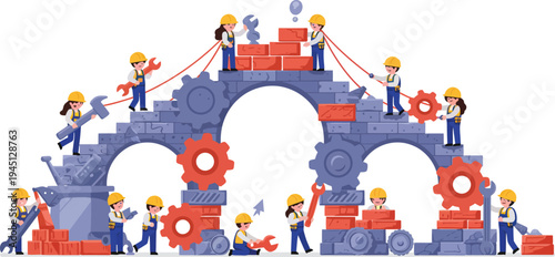 Teamwork concept with people working together to build and maintain a large gear system bridge structure