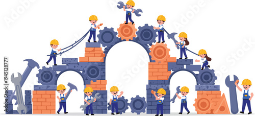 Teamwork and collaboration concept with businesspeople building and repairing a large archway structure together with orange and blue blocks