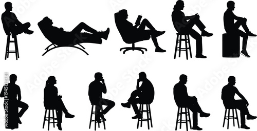People sitting silhouettes collection, various seated poses on stools and chairs, human posture set, black vector illustration isolated