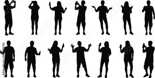 People using smartphones silhouettes set, men and women texting, calling, taking photos, social media lifestyle vector illustration