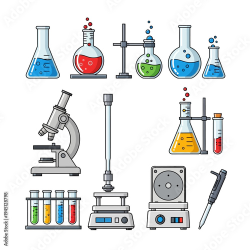 Science Laboratory Equipment Collection: Beakers, Microscope, Scales, Test Tubes, Pipette
