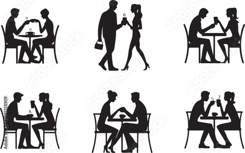 Black silhouette of couples drinking coffee people