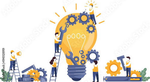 People working together to build and power a large light bulb with gears