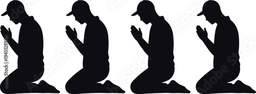 Silhouette of Muslim man kneeling and praying in Islamic prayer position, spiritual worship concept, Ramadan prayer, faith devotion, religious reflection, isolated vector style illustration