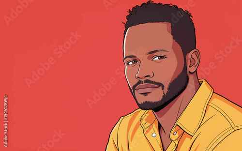 A man poses for a portrait wearing a yellow shirt, showing a relaxed expression against a red background in a studio.