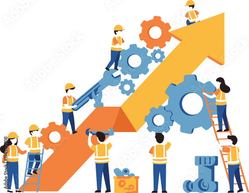 People working together to build and assemble large gear puzzle pieces with ramps and blocks