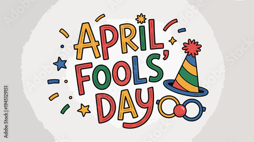 April fools' day celebration with colorful text and party hat on white background