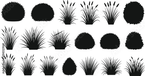 Garden bushes and grass silhouettes set, decorative shrubs and plants collection, landscaping foliage elements vector illustration isolated