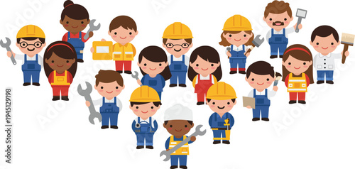 Diverse group of construction workers and laborers in hard hats and overalls standing together in a team