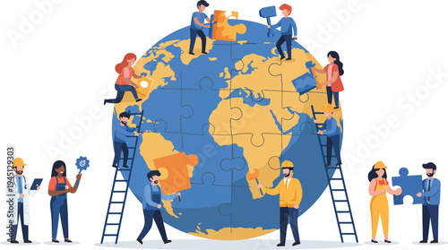 Diverse group of people working together to build and support a large globe with ladders and tools in a collaborative effort