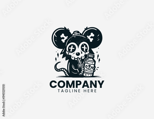 The urban cartoon rat drinks poison from a green bottle with a skull label edgy