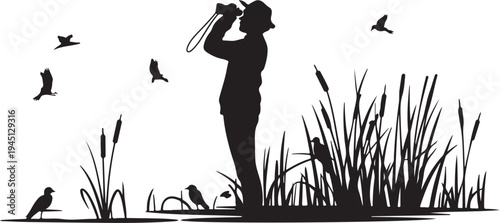 Black silhouette of man birdwatching with binoculars among reeds