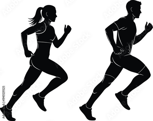 Male and female runners silhouettes, athletic couple running, fitness jogging workout activity, healthy lifestyle sport vector illustration isolated