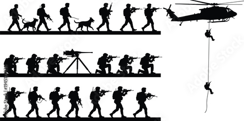 Military soldiers silhouettes set with weapons, combat patrol team, army troops with dog and helicopter rescue vector illustration