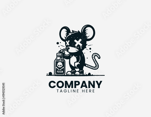 The urban cartoon rat drinks poison from a green bottle with a skull label edgy
