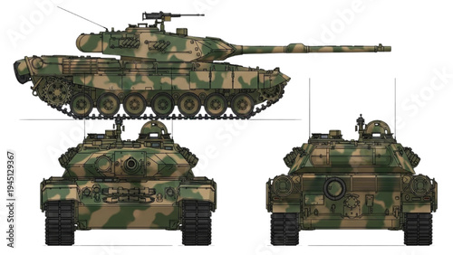 Modern Military Battle Tank Multi View Camouflage Armored Vehicle Technical Illustration