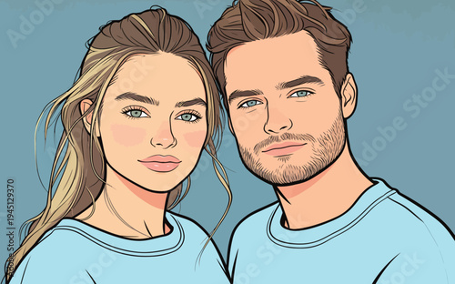 Two young adults smile at the camera while wearing matching blue outfits. Their expressions show happiness and connection.