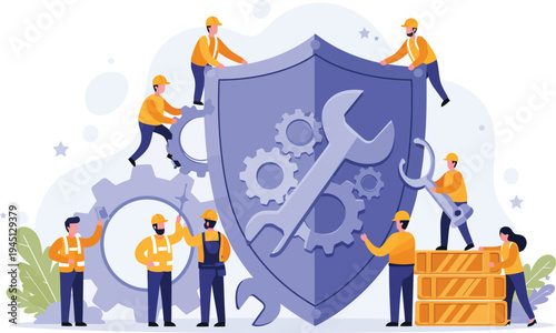 Team of people working together to build and protect a large shield with gear and wrench