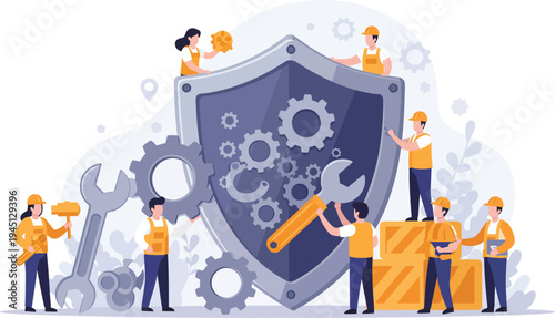Teamwork and collaboration for cybersecurity and protection concept with people working together around a shield with gears