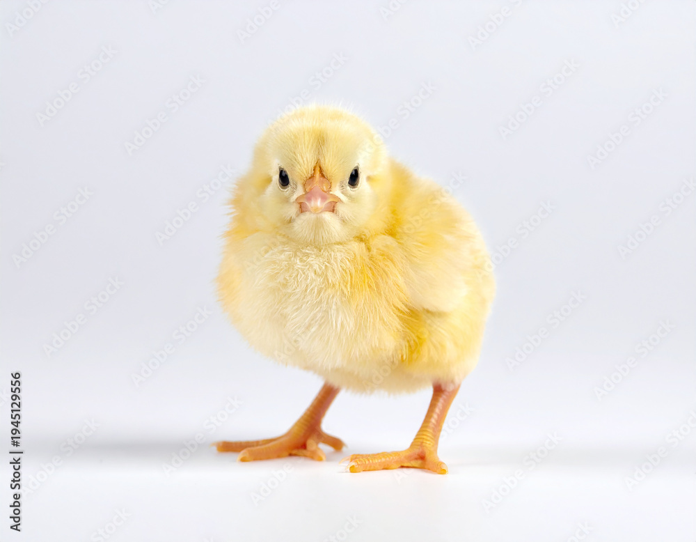 Obraz premium A fluffy yellow baby chick stands facing forward on a clean white background with its beak slightly open and eyes