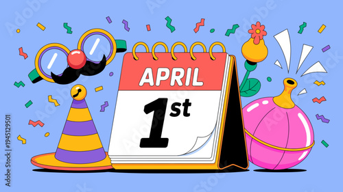 April fools' day celebration with calendar confetti and prank items on blue background