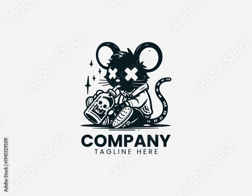 The urban cartoon rat drinks poison from a green bottle with a skull label edgy