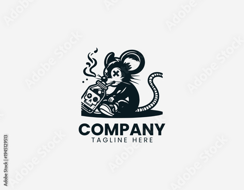 The urban cartoon rat drinks poison from a green bottle with a skull label edgy