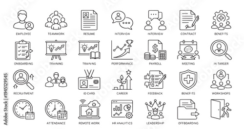 Human Resources Icon Set Pack. Editable Vector Illustration. featuring  more employee, teamwork, resume, interview, onboarding, recruitment, id, card, career, feedback, leadership, remote more Icons