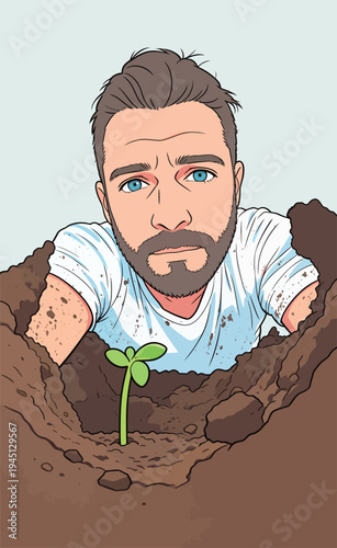 A man with a beard looks down into a hole in the ground where a small green plant is growing. The scene shows soil and daylight.