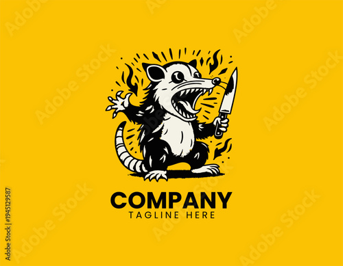 The screaming opossum character holds a sharp kitchen knife for funny streetwear design edgy