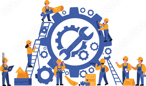 Workers in hard hats and vests assembling and repairing large gear with tools and ladders around them for industrial teamwork concept