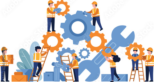 Workers in orange vests and hard hats assembling and repairing large gears and tools in a team
