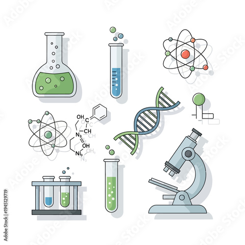 Science Laboratory Equipment, DNA, Atoms, Microscope, Flasks, Test Tubes, Chemistry Formulas