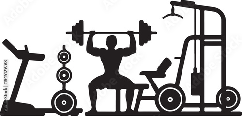 Black silhouette of man lifting weights with gym equipment