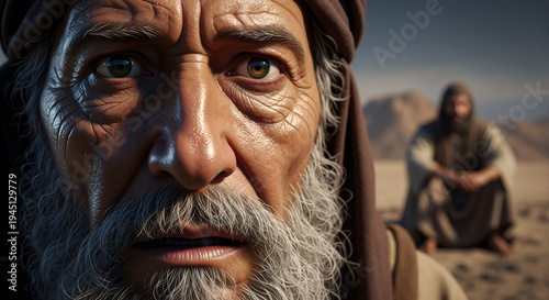 Elderly man with facial expression of concern in desert landscape  