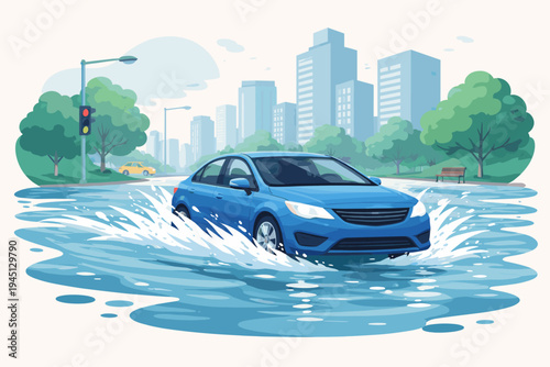 Blue Car Driving Through Flooded City Street with Large Water Splashes, Urban Flood Disaster Scene with Skyscrapers, Trees, and Traffic Lights, Flat Vector Illustration of Extreme Weather Event.