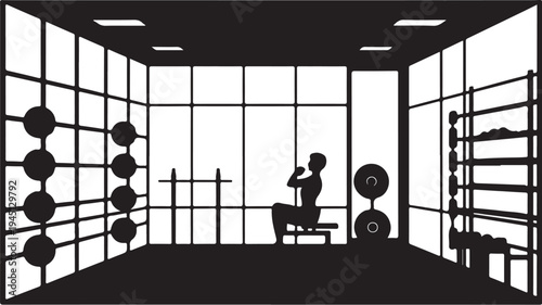 Black silhouette of man sitting on bench in gym with weights and racks