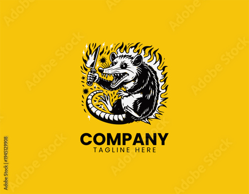 The screaming opossum character holds a sharp kitchen knife for funny streetwear design edgy