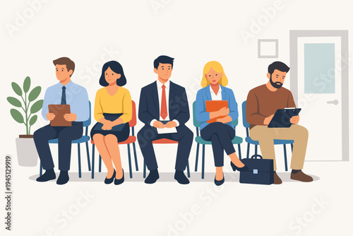 Diverse candidates sitting in a waiting room for a job interview. Men and women in professional business attire holding folders and clipboards, waiting for recruitment. Flat vector illustration.