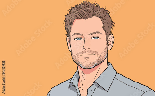 A man is smiling while facing the viewer in front of a plain orange background. He has short hair and is wearing a casual shirt.