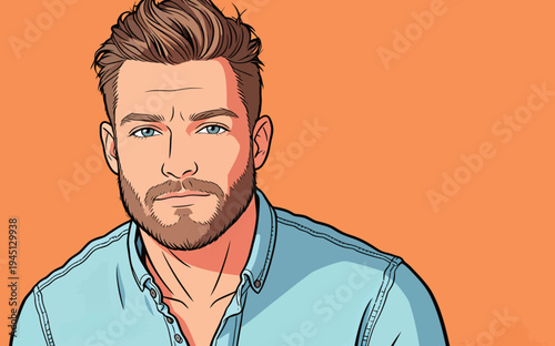 A young man looks directly at the viewer. He has a light beard and short hair. He wears a blue shirt against an orange background.