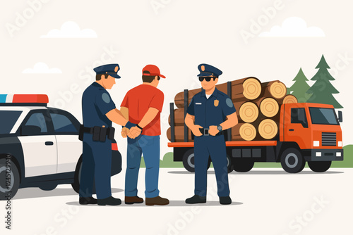Police Officers Arresting a Driver of an Illegal Timber Truck Loaded with Wood Logs on the Road, Law Enforcement Stopping Environmental Crime and Deforestation, Flat Vector Illustration Scene