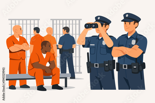 Prison Inmates in Orange Jumpsuits and Security Guards in Blue Uniforms Keeping Watch with Binoculars in a Jail Setting, Flat Vector Illustration of Correctional Facility and Law Enforcement Scene.