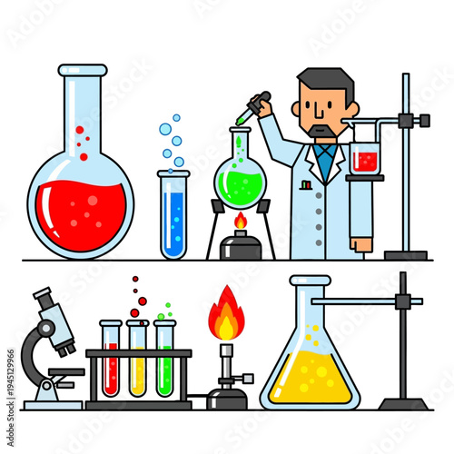 Scientist conducting experiment with colorful liquids in laboratory glassware, microscope, and burner